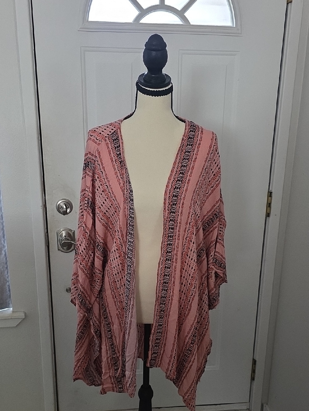 NWT La Miel Blush-Coral- Pink Patterned Boho Open-Front Kimono Small